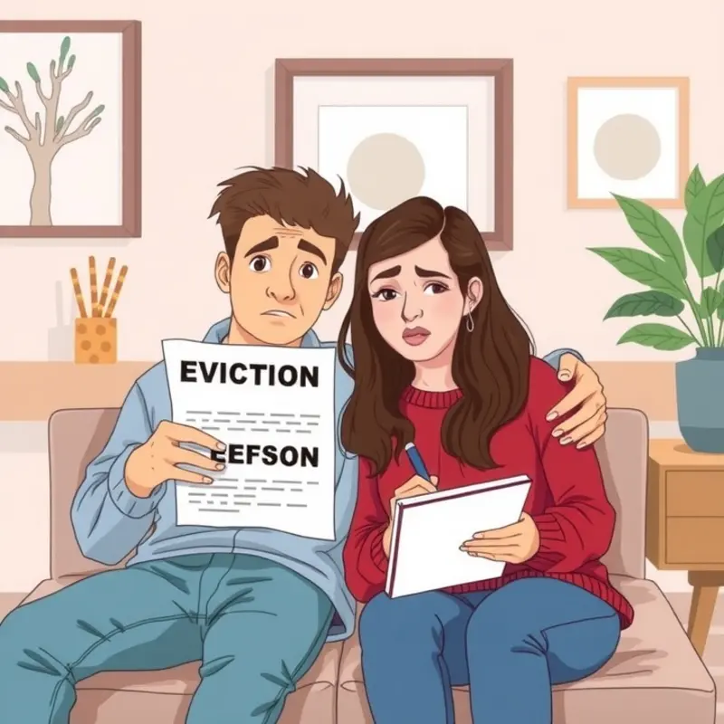 Young couple examining an eviction notice thoughtfully.