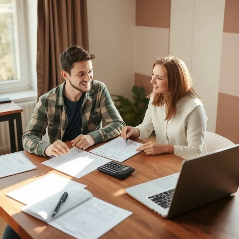 A young couple discussing their lease terms, exploring ways to save on apartment bills.