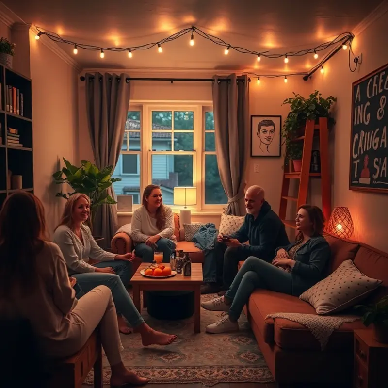 An inviting apartment ambiance with friends enjoying an intimate gathering.