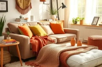 A cozy apartment displaying warm textures and colorful decorations.