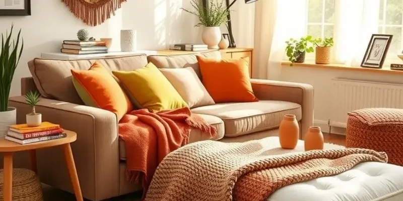 A cozy apartment displaying warm textures and colorful decorations.