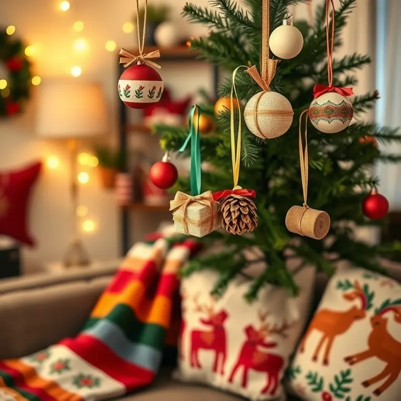 A cozy apartment living room featuring unique DIY holiday ornaments.