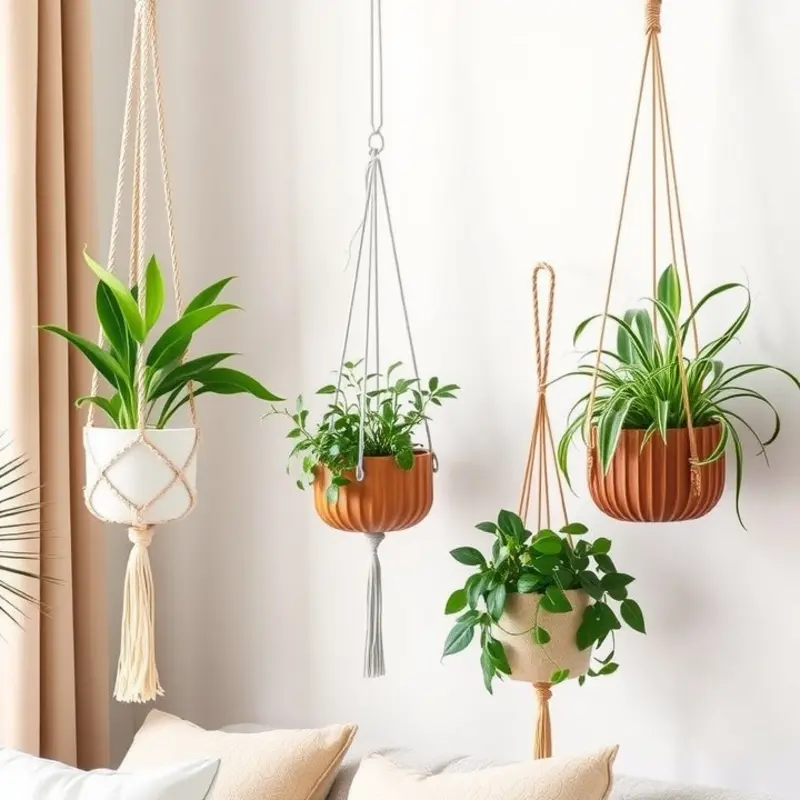 A vibrant corner showcasing assorted creative hanging planters.