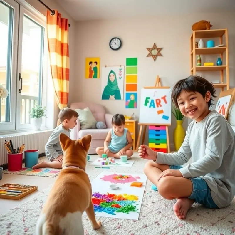 Children crafts with a playful dog in a lively apartment space.