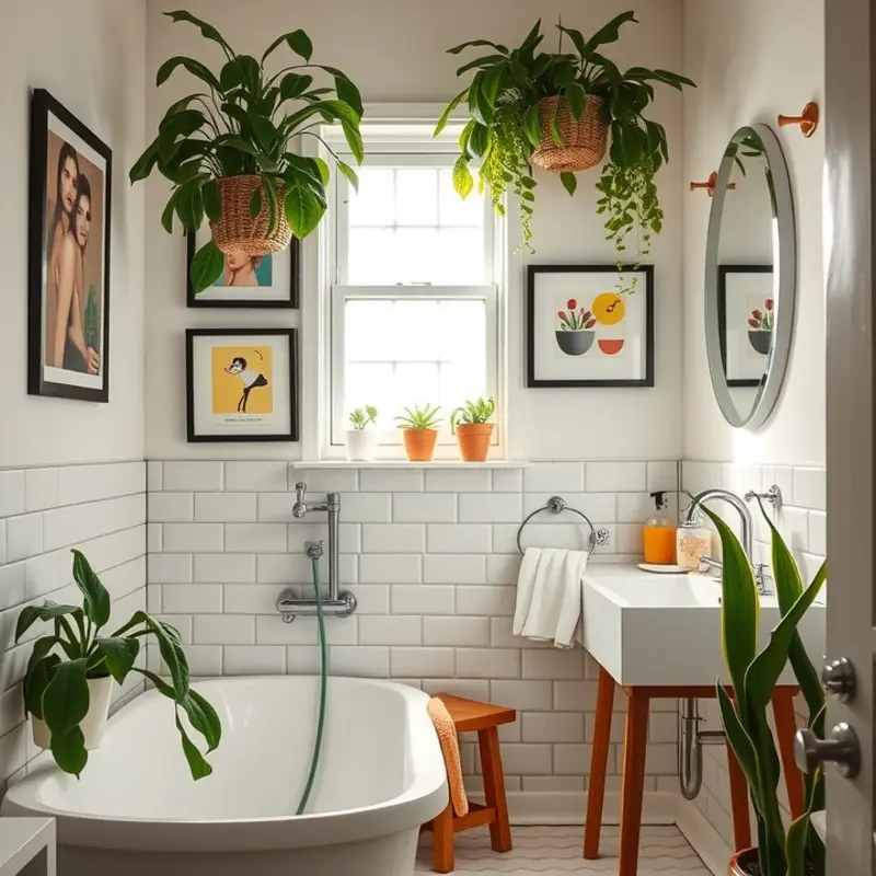 An organized apartment bathroom showcasing effective use of space and stylish decor.