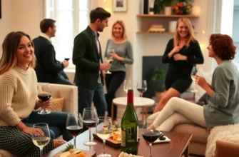 A diverse group of friends enjoying a dinner gathering in a stylish apartment, set with warm lighting and a delicious meal.