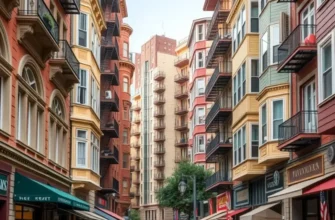 Panoramic view of a downtown skyline at sunset, showcasing apartment buildings and city life.