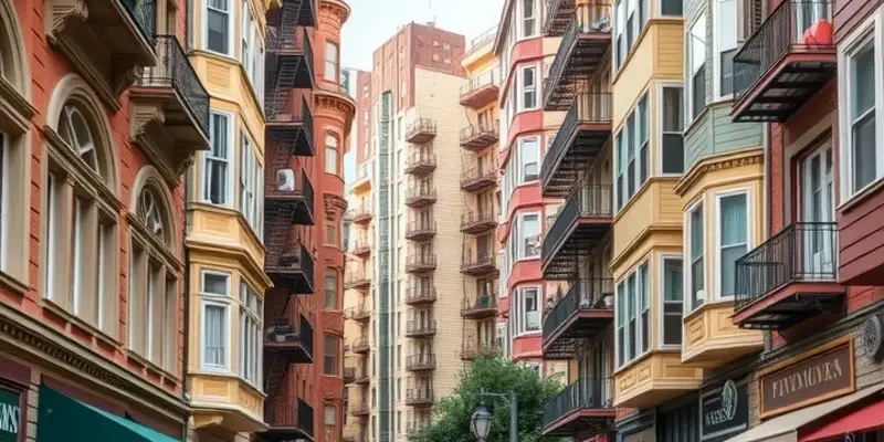Panoramic view of a downtown skyline at sunset, showcasing apartment buildings and city life.