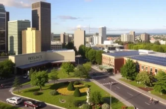 An illustration showcasing diverse eco-friendly cities across the United States with elements of greenery and modern living.