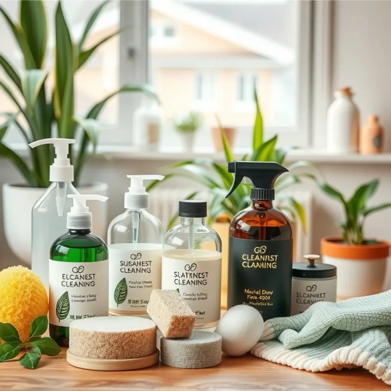 A range of eco-friendly cleaning supplies displayed in a cozy apartment setting.