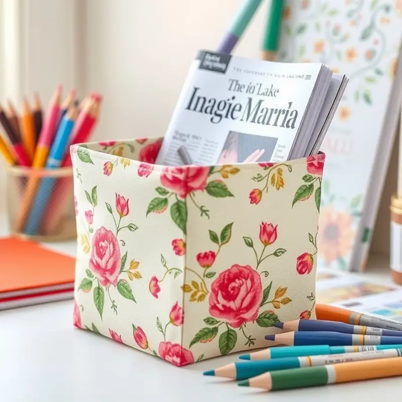 A chic cardboard magazine holder adds color to a cozy living room.