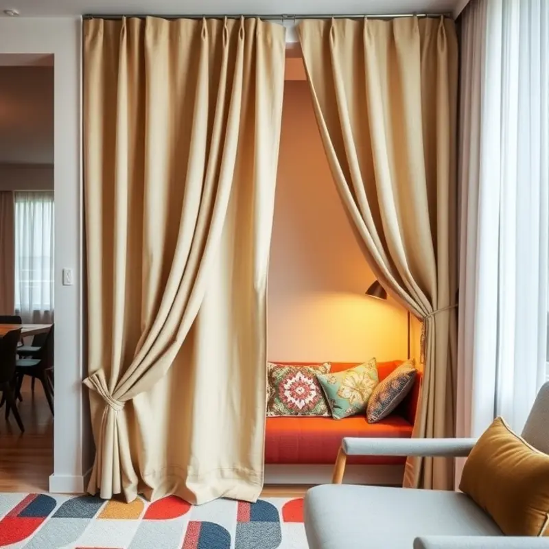 A cozy reading nook created with a fabric curtain divider.