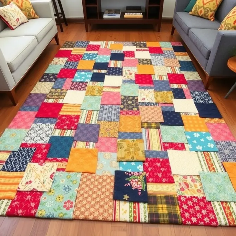 Colorful fabric swatch rug showcasing various patterns and textures.