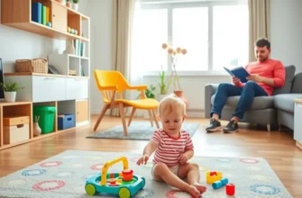 A family enjoying time together in a stylish apartment with a toddler and a pet.