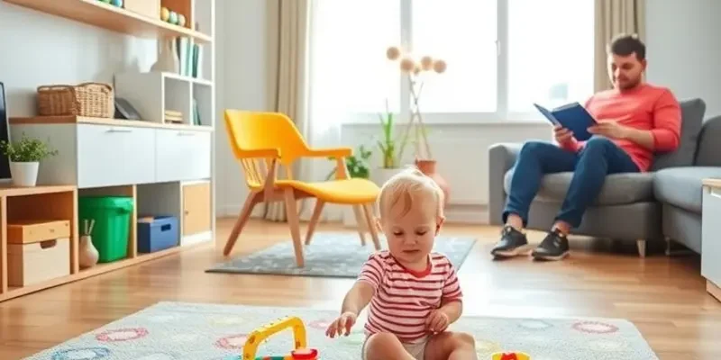 A family enjoying time together in a stylish apartment with a toddler and a pet.
