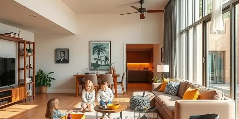 A cozy living room filled with warmth, where children play safely and a dog relaxes comfortably.