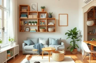 Image of a family in a cozy, organized living space with children and a pet.