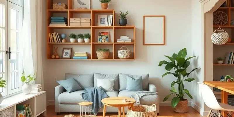 Image of a family in a cozy, organized living space with children and a pet.