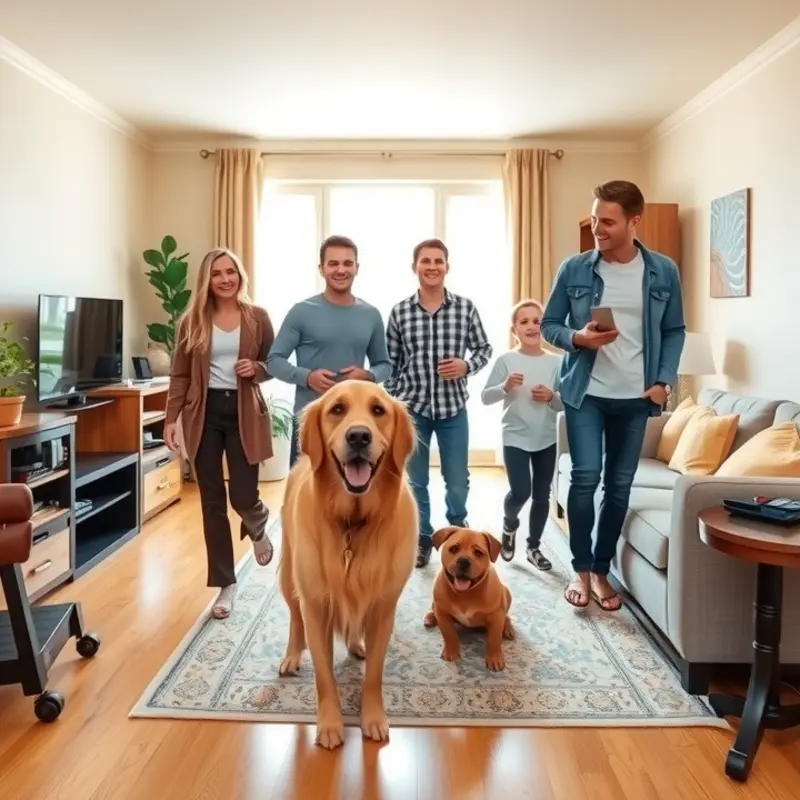 A family on an apartment tour, focusing on space and pet-friendly amenities.