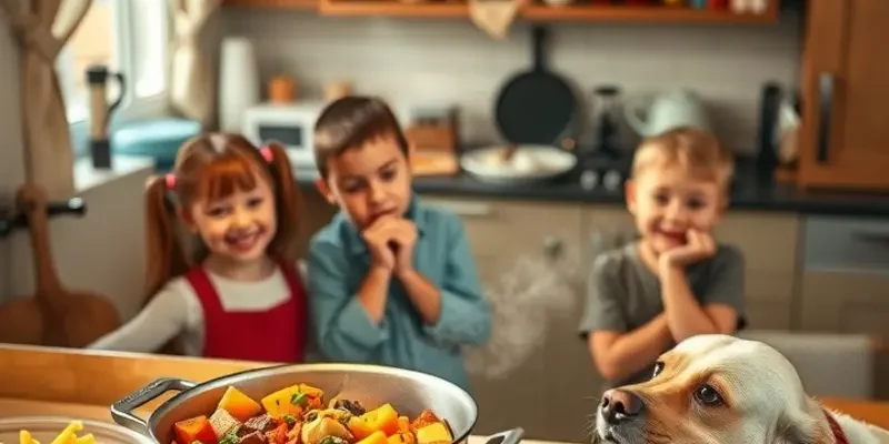 A family gathered for dinner in an inviting apartment atmosphere.