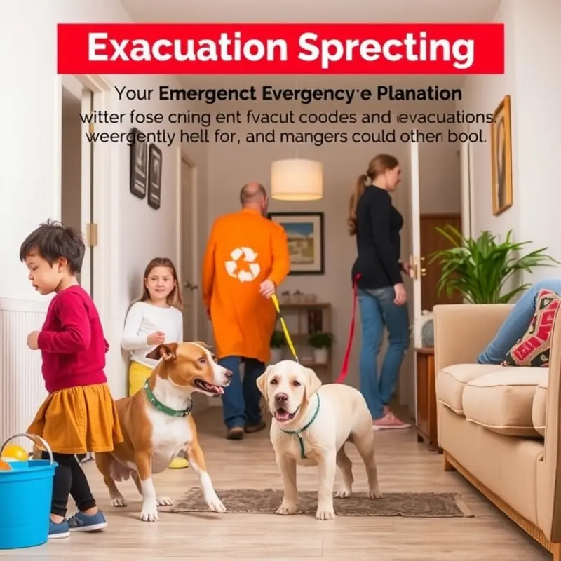 A family practicing their emergency evacuation plan with their pets.
