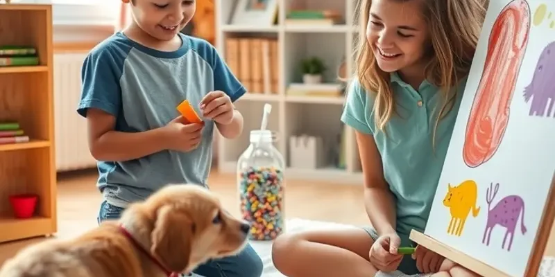 A warm and inviting apartment filled with family activities, creative crafts, and playful pets.