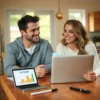 A family sitting at a table discussing household finances with paperwork and a laptop.