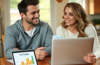 A family sitting at a table discussing household finances with paperwork and a laptop.