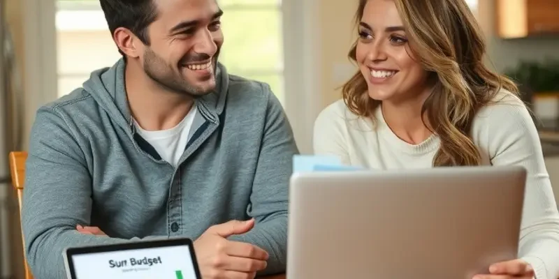 A family sitting at a table discussing household finances with paperwork and a laptop.