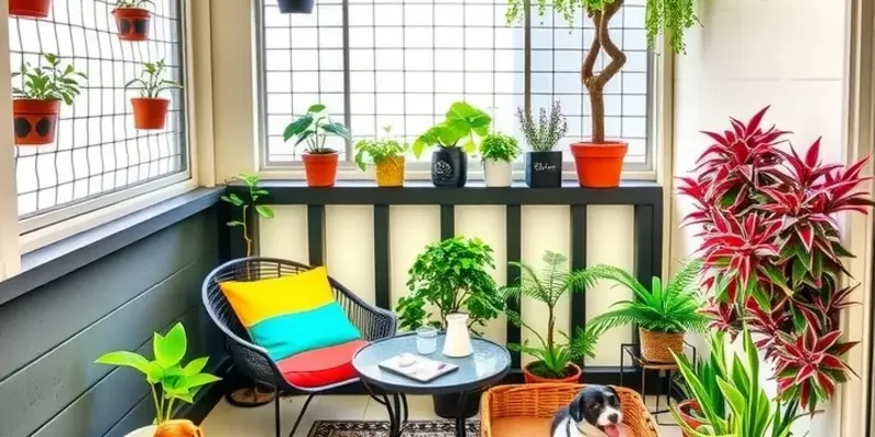 A sunny balcony scene with a child playing with a dog.