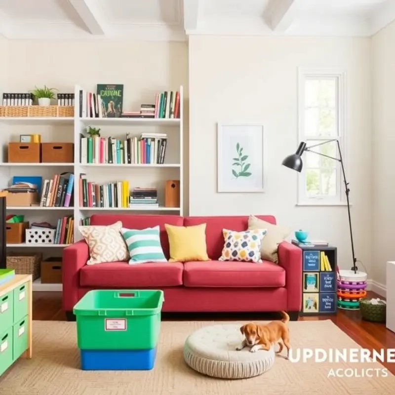 A cozy living room that exemplifies organized storage for families and pets.