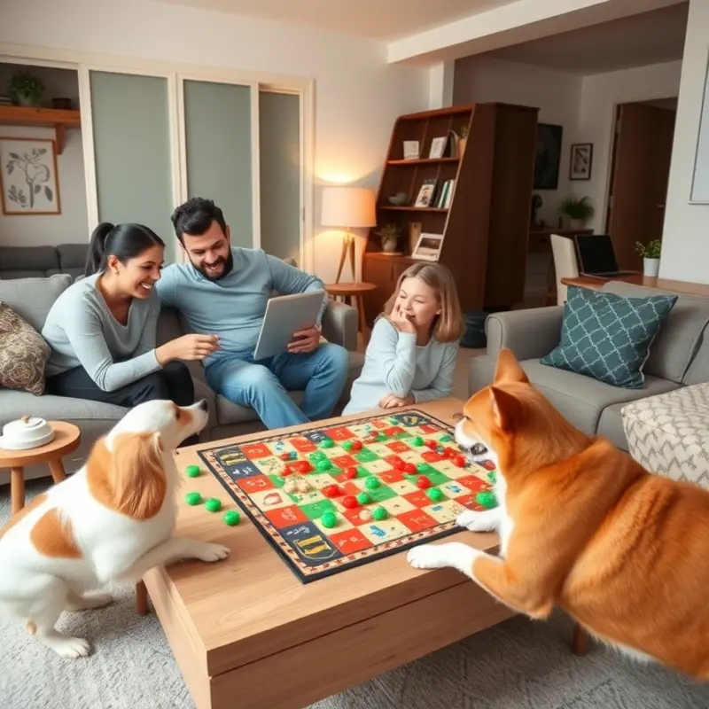 Children crafts with a playful dog in a lively apartment space.