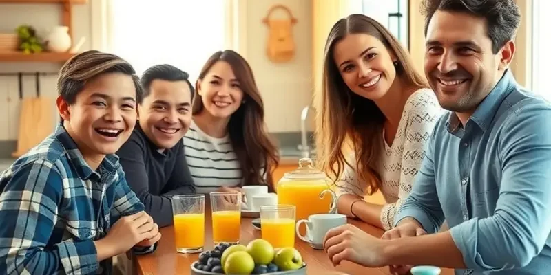 A lively family engaging in fun activities in a small apartment.