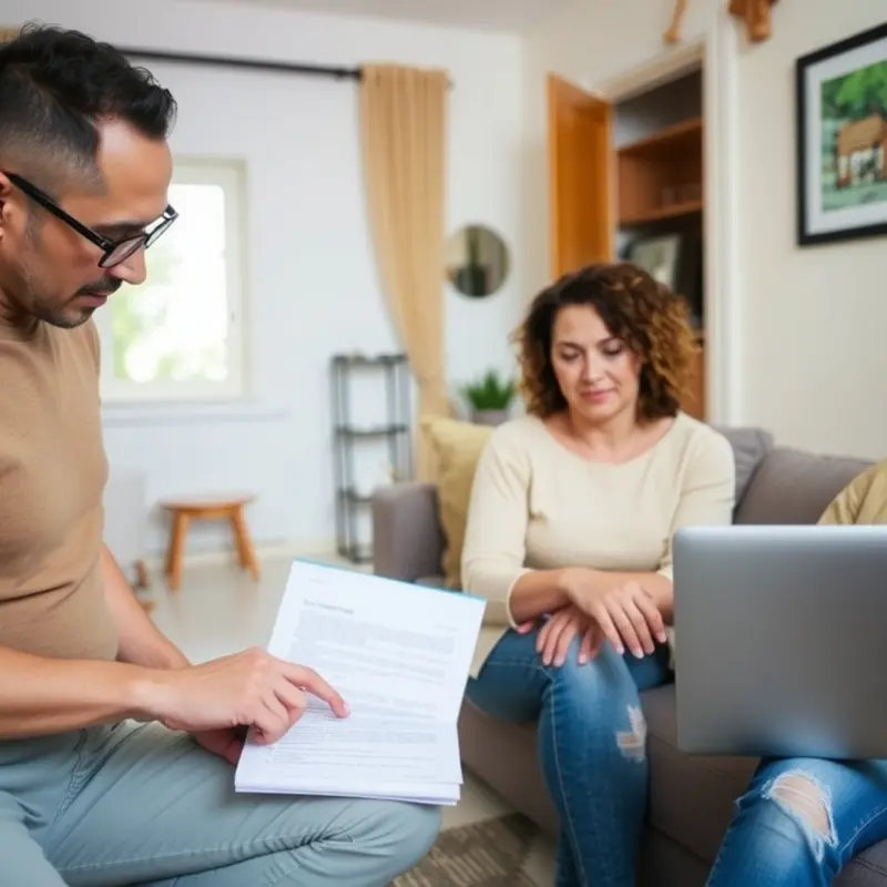 Young couple reviewing lease terms in a cozy setting.