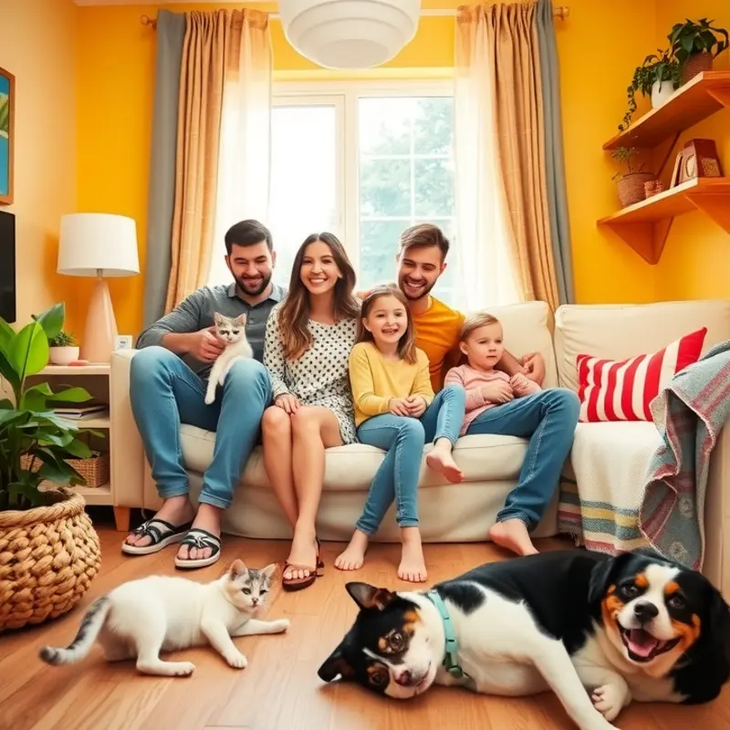 A cheerful family enjoying their pet-friendly apartment, highlighting comfort and safety.