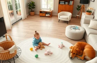 A family enjoying playful moments with their child and dog in a bright apartment living space.