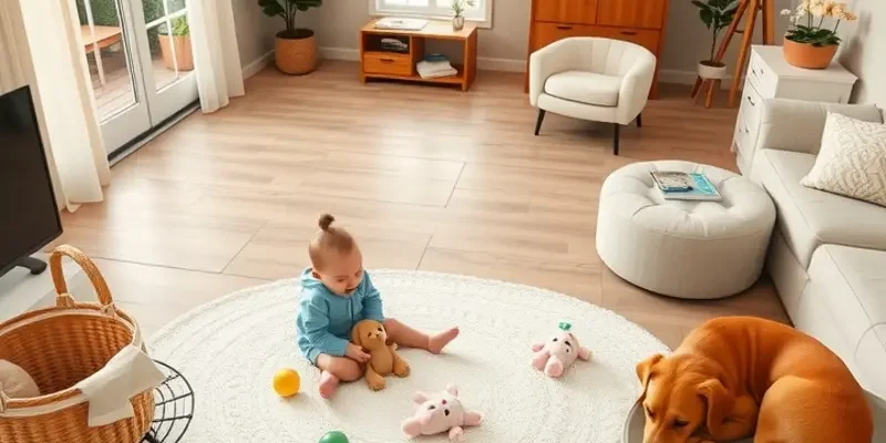 A family enjoying playful moments with their child and dog in a bright apartment living space.
