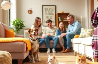 A warm family scene in an apartment, showcasing owners with their well-trained pets.