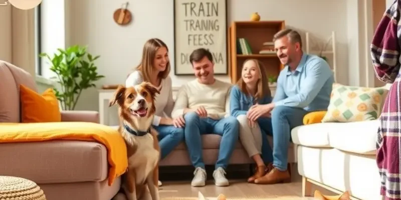 A warm family scene in an apartment, showcasing owners with their well-trained pets.