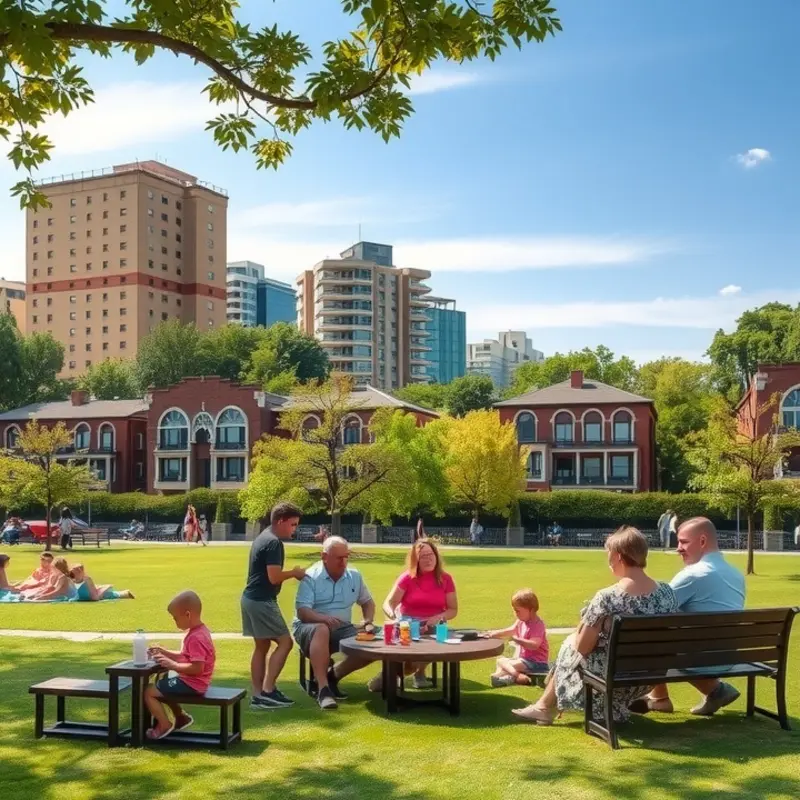 A lively street in a walkable neighborhood filled with shops, cafes, and pedestrians.