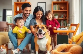A family playing with their children and pets in a sunlit living room.
