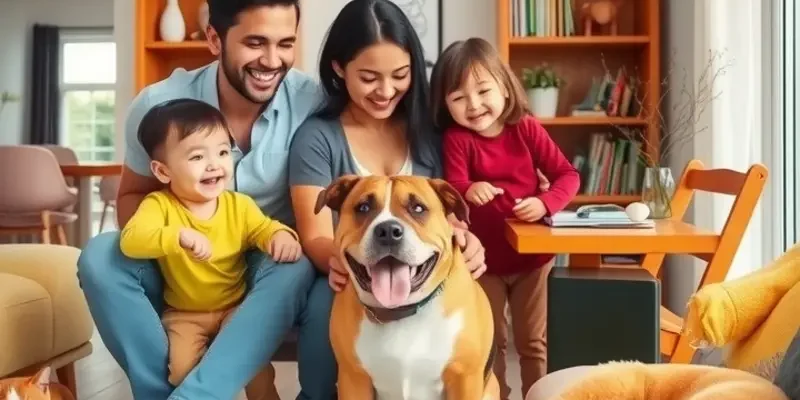 A family playing with their children and pets in a sunlit living room.