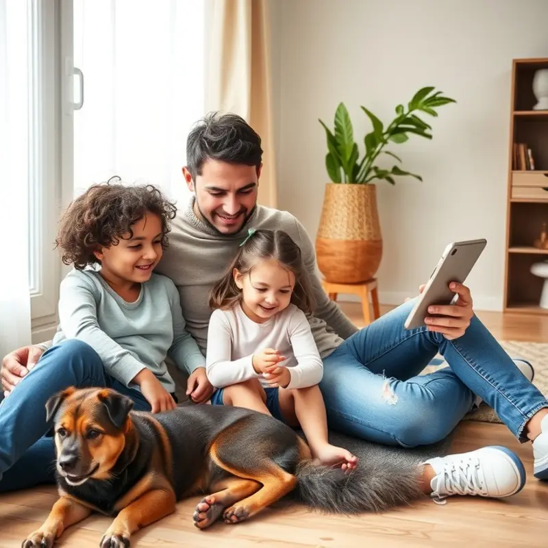 A family enjoys quality time in their pet-friendly living room.