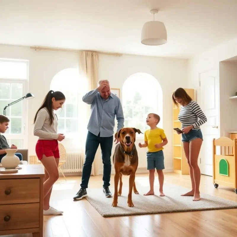 A family carefully assessing a spacious apartment perfect for living with children and pets.