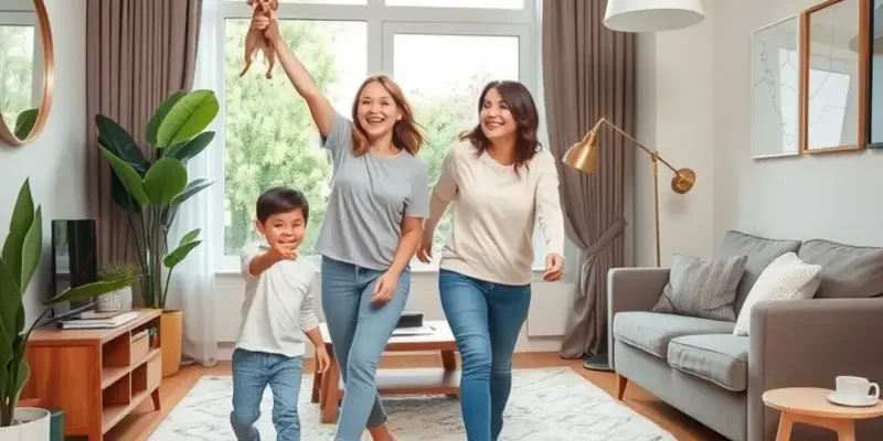 A happy family including parents and a child playing with their energetic puppy at a park.