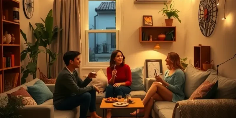 A lively apartment space designed for entertaining, showcasing colorful decor.