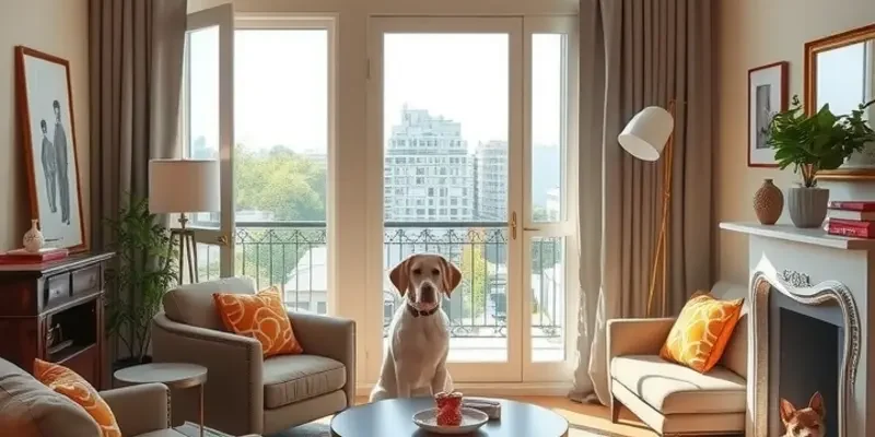 A cat and dog playfully interacting in a warm apartment that highlights pet safety.