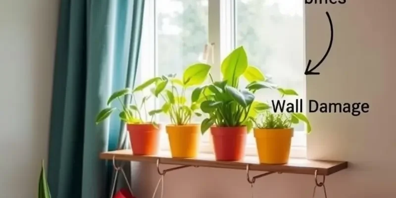 A beautifully decorated living space with no-damage plant shelves filled with various plants.