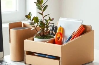Elegant workspace showcasing both cardboard and wooden desk organizers in natural light.