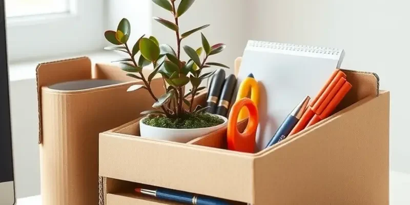 Elegant workspace showcasing both cardboard and wooden desk organizers in natural light.